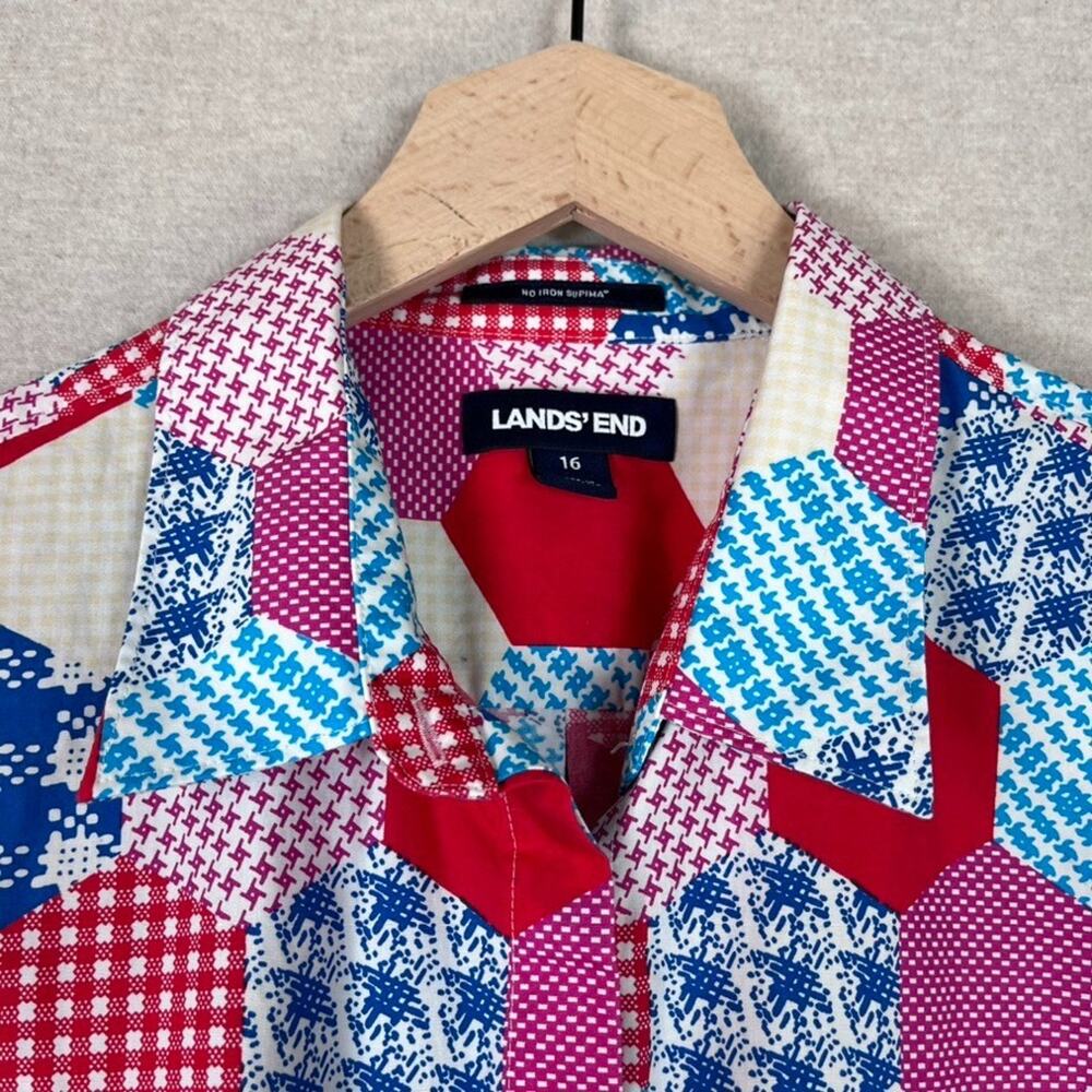 Lands End Womens Button Up Top Size 16 1X Patchwork No Iron Career Office Artsy - Picture 2 of 9